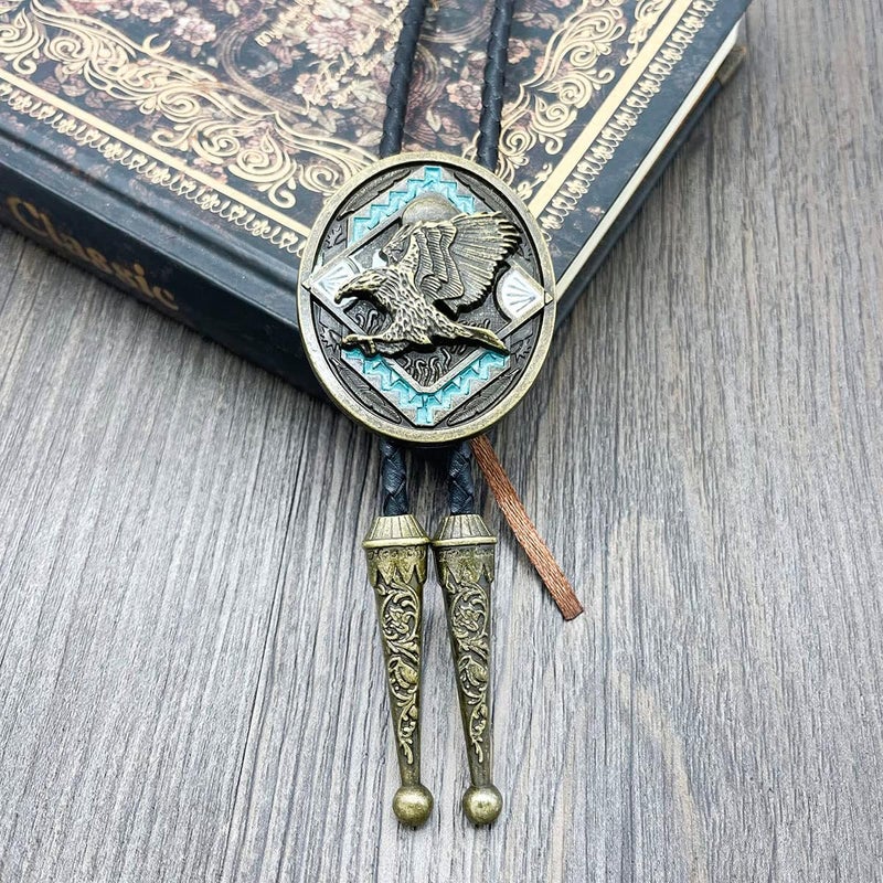 QUKE Native American Western Cowboy 3D Bald Eagle Sunset Bolo Tie Hand-woven Leather Necktie for Men Women - Image 4
